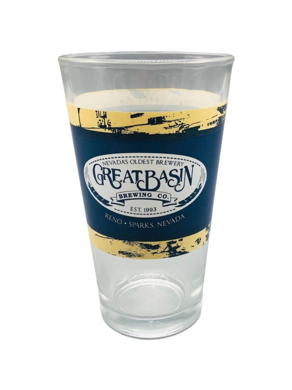 Great Basin Brewing co. blue and yellow design, solid glass cup, blue white READ